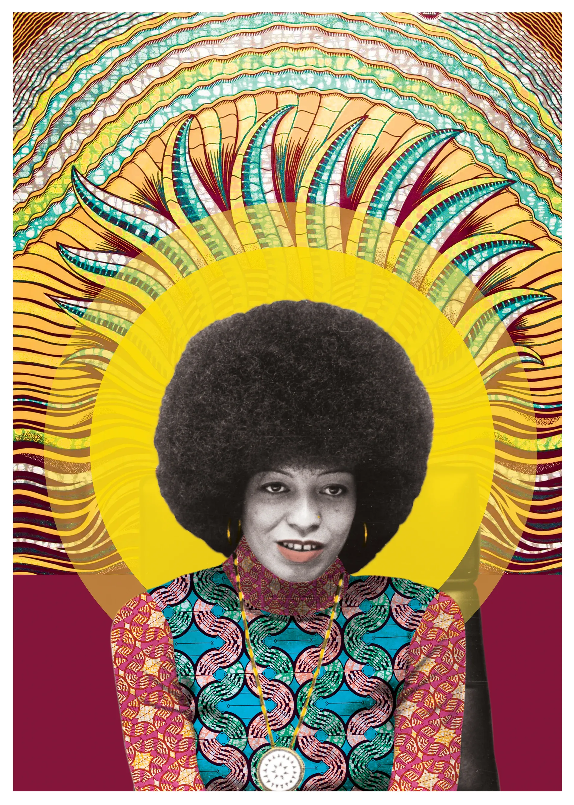 Angela Davis in 1974, reimagined with vivid colour, pattern and her iconic natural hair.