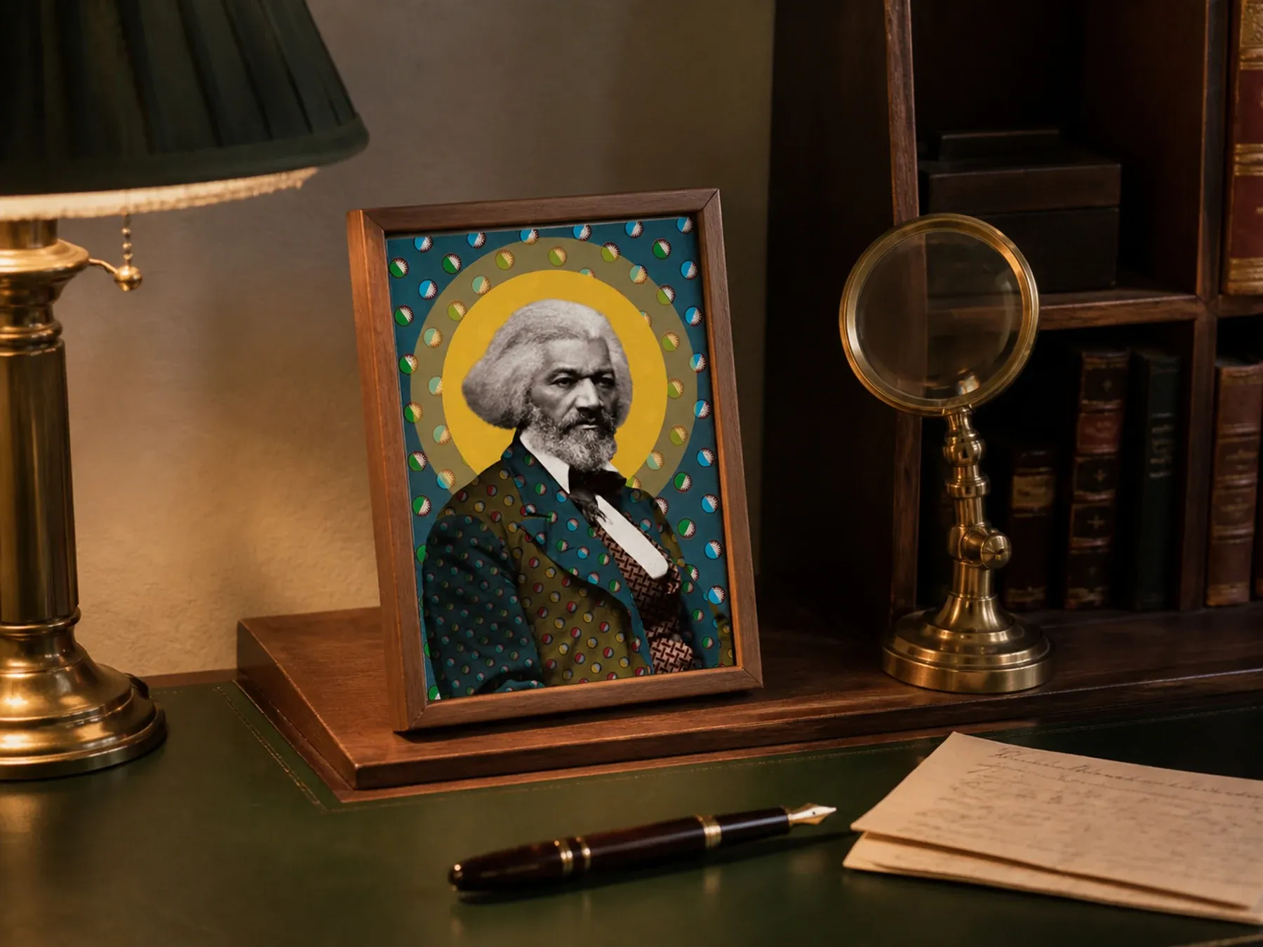 A Voice Heard Across a Nation — Frederick Douglass, circa 1879 displayed in a styled interior.
