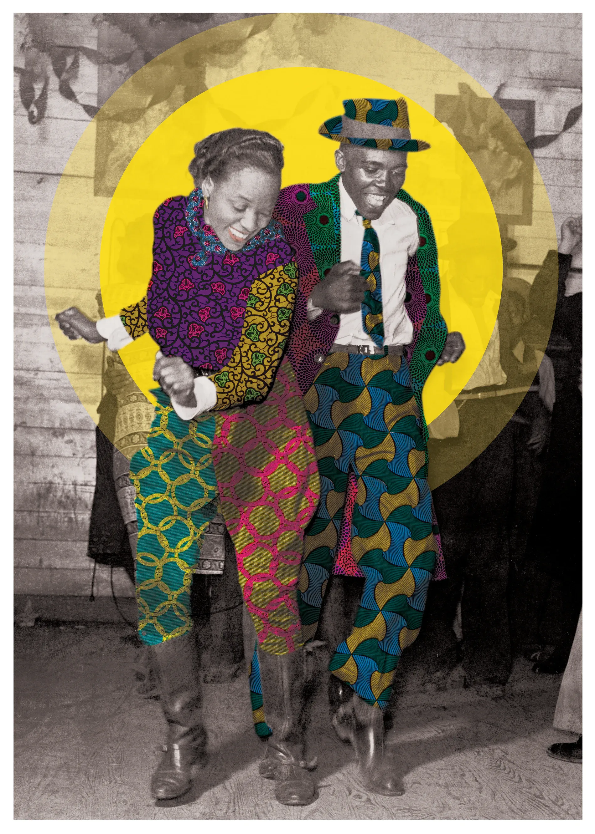 A dancing couple in a Clarksdale juke joint, reimagined through vivid textile pattern and colour.