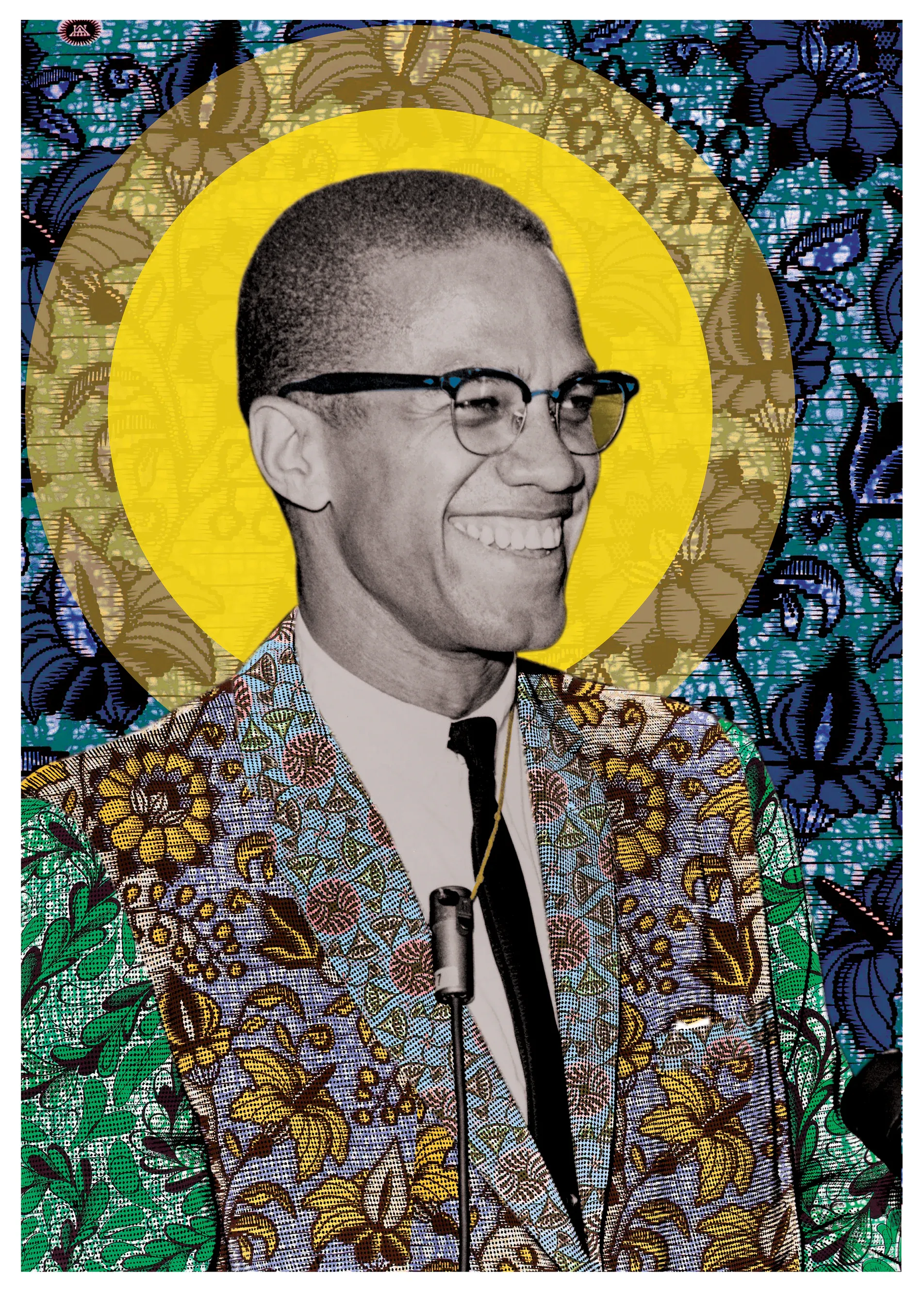 Malcolm X smiling in 1964, reimagined through expressive colour and layered textile pattern.