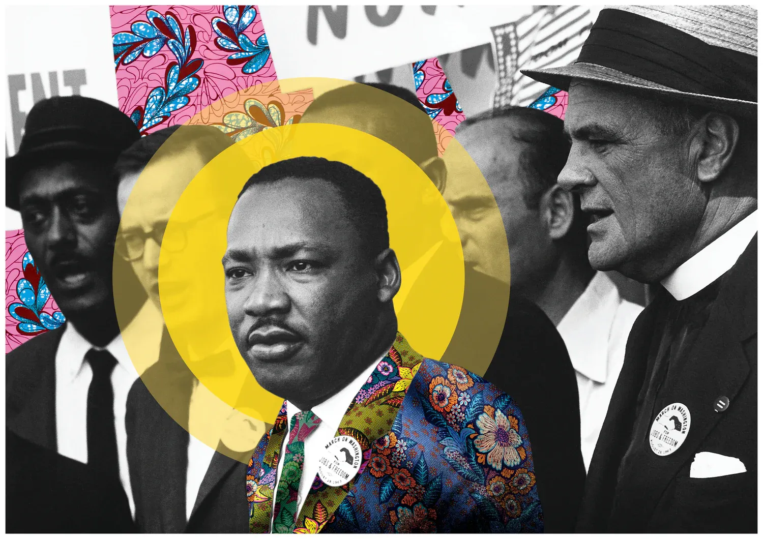 Martin Luther King Jr. at the March on Washington, reimagined through colour, pattern and circular forms.