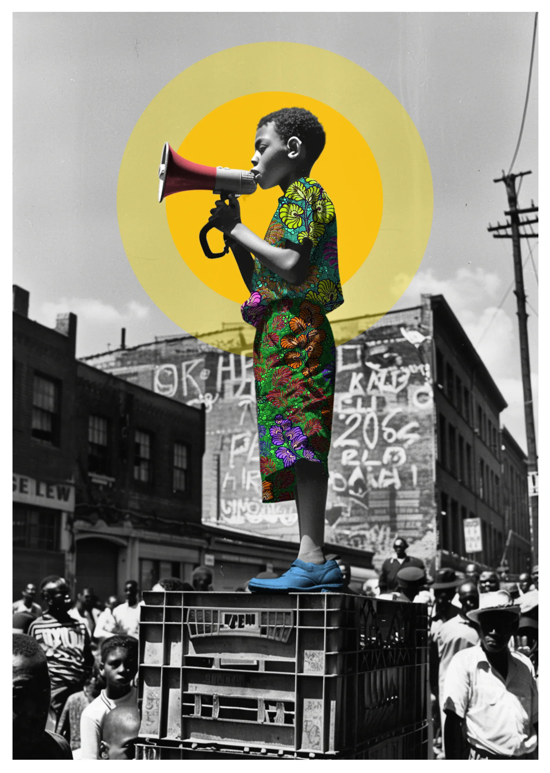 A young boy in bright patterned clothes stands on stacked crates and speaks through a purple megaphone above a city crowd.