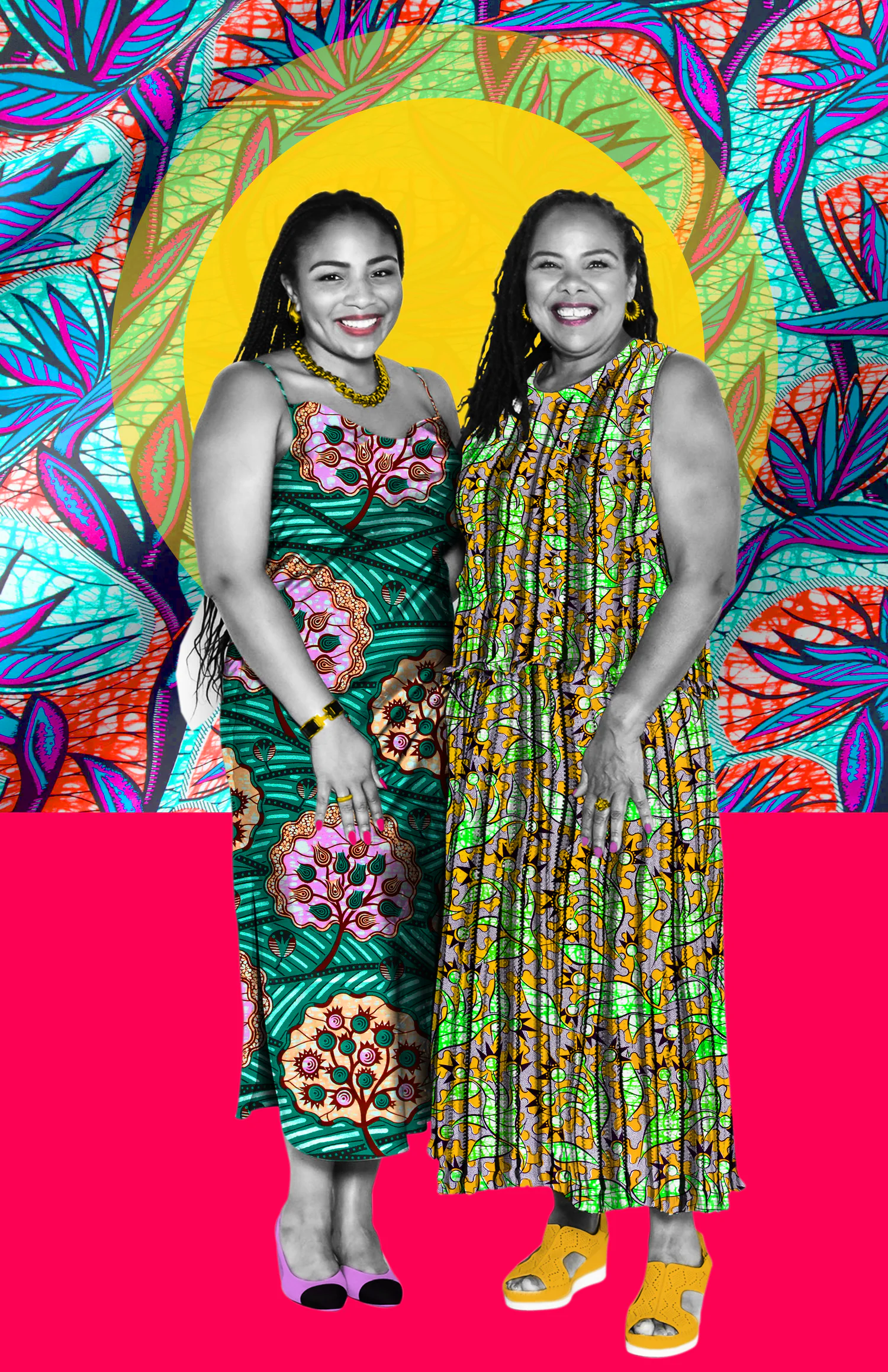 Colourful commissioned portrait of two sisters wearing bold patterned clothing.