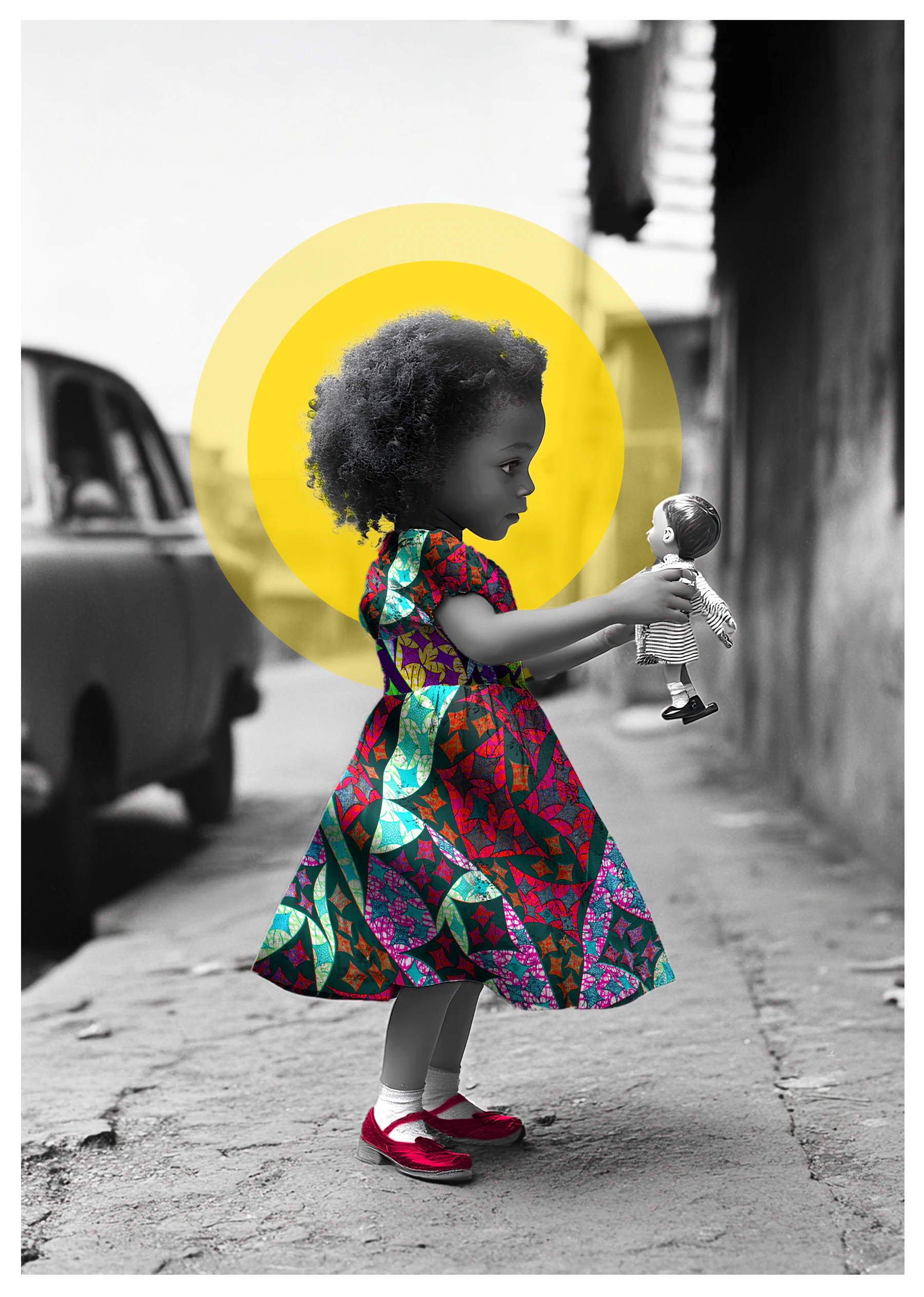 Frequency of Love digital collage showing a Black girl in a bold patterned dress holding a pale-skinned boy doll against a monochrome background.