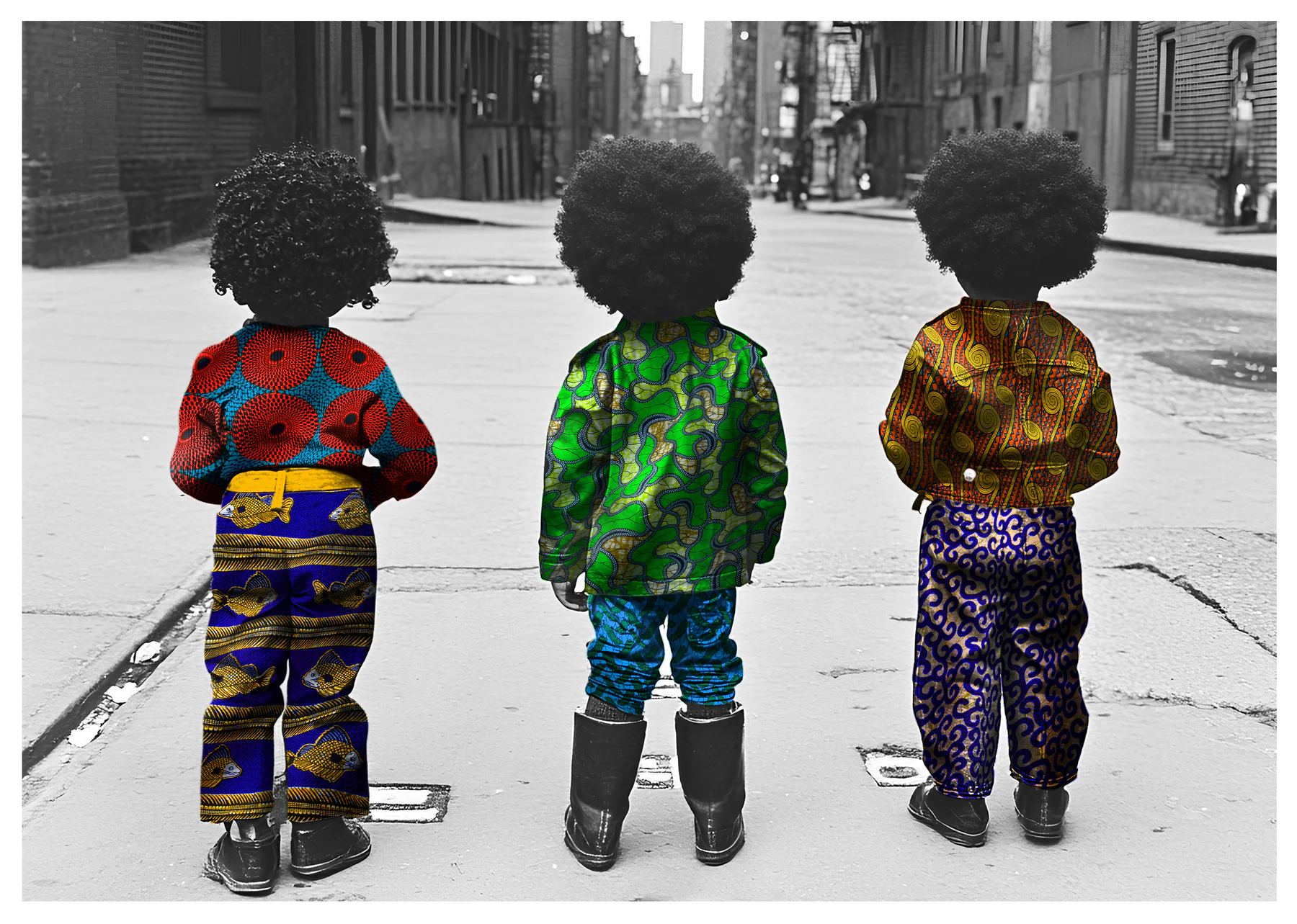 Frequency of Love digital collage showing three boys from behind, wearing colourful patterned clothing and looking down a black-and-white city street.